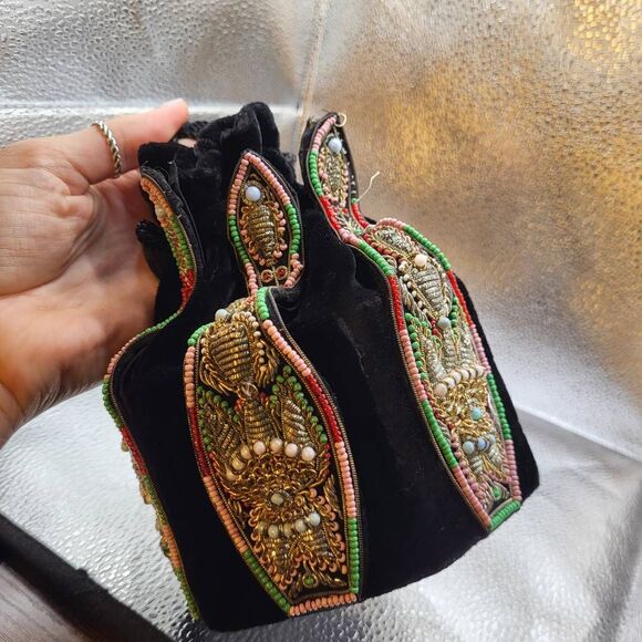 Unique Bohemian Velvet Bucket Bag with Cambodian Beadwork - Picture 3 of 6